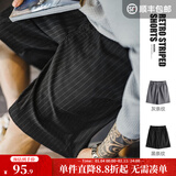 马登工装竖条纹西装短裤男夏季cityboy松紧腰日系直筒休闲五分裤子 黑色 条纹【轻奢/痞帅/男士中裤】 L 【今日下单 顺丰包邮】