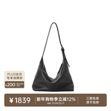 裘真新年礼物【明星推荐】经典hobo包植鞣牛皮腋下通勤休闲饺子女包 黑色-大号 小包/大包