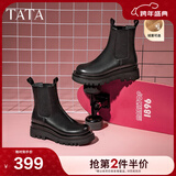 他她（TATA）英伦风切尔西靴女显瘦加绒厚底烟筒靴时装靴冬新GXB01DD4 黑色（绒里） 37