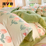 雅鹿牛奶绒四件套冬季加厚保暖法兰绒被套床单珊瑚绒被罩床笠床上用品 繁花小兔绿【双面加绒 加厚保暖】 1.8m 床笠款 四件套-被套200*230cm