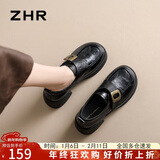 ZHR英伦单鞋女经典复古乐福鞋女粗跟厚底魔术贴皮鞋 BK130 黑色 37