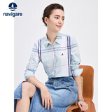 Navigare意大利小帆船女士长袖衬衫春秋季休闲格子衬衣莱赛尔高档寸衫 蔚蓝/白 L