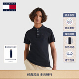 TOMMY JEANS男装珠地棉网眼刺绣商务通勤翻领修身短袖POLO衫 黑色078 S (推荐：120-130斤)