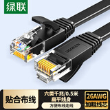 绿联六类网线 千兆网络宽带线 CAT6类家用电脑监控扁平网线 8芯双绞成品跳线 0.5米 黑色50172