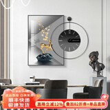 墨派 轻奢餐厅装饰画现代简约带钟表组合挂画饭厅背景墙壁画客厅挂画 金鹿招财 70*100cm晶瓷+直径60cm钟表