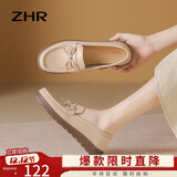 ZHR乐福鞋女春秋真牛皮蝴蝶结单鞋女通勤软底妈妈女鞋 BT37 杏色 40