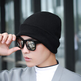 兼彩帽子男冬季毛线帽子男女士通用围脖套装冬天棉帽加厚加绒保暖骑车 帽子 黑色 纯色卷边毛线帽 均码有弹性