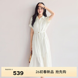 伊芙丽（eifini）蒋欣代言醋酸腰带收腰蛋糕A摆通勤衬衫式连衣裙女2025夏装新款 米白 M 105-115斤