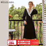 Olrain欧芮儿赫本风连衣裙女秋冬收腰显瘦法式复古拼色翻领长裙 黑色 M 160/84A