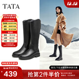 他她（TATA）黑色V口长筒靴女英伦加绒抗寒高筒靴骑士靴冬季G5JA1DG2 黑色（绒里） 39
