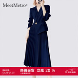 MeetMetro玛依尔西装连衣裙女2025秋季新款质感职业通勤百褶裙 藏青【现货】 XL