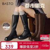 百思图【赵粤明星同款】都市朋克24冬商场骑士女长靴M5603DG4 黑色 38