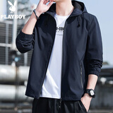 花花公子（PLAYBOY）外套男士夹克春秋季新款连帽茄克商务休闲中青年男装纯色上衣服 蓝色 2XL (建议125-145斤)