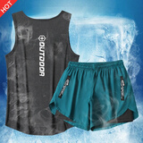 NIUKAILE健身衣服男田径马拉松运动套装篮球训练短裤速干背心跑步装备 麻灰+104蓝【双层防尴尬】 2XL【135-155】斤(不起球)