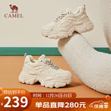 骆驼（CAMEL）老爹鞋女网布皮面拼接秋双系带厚底休闲鞋 L24S283079 杏色 37