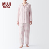 MUJI 女式 无侧缝双层纱织睡衣女士家居服春秋纯棉条纹格纹长袖 女款 浅粉红色格纹 M (上装160/84A下装160/66A)