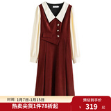 独束大码女装假两件撞色衬衫领连衣裙女秋冬微胖mm文艺复古穿搭裙子 勃艮第红【适合160左右】 2XL