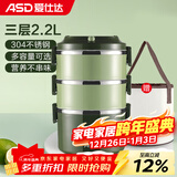 爱仕达（ASD） 保温饭盒 食品级304不锈钢外分层大容量成人多层便携学生便当盒 绿色2.2L三层饭盒+便携保温袋