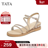 他她（TATA）绝美坡跟凉鞋女外穿一字带时装凉鞋秋季新款7UA03BL4 金色 35
