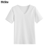 慕姗诗怡（MsShe）【棉】大码女装2025胖mm巨显瘦正肩短袖T恤打底衫百搭上衣遮肚子 V领【短袖】纯白色现货-5030 5XL