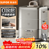 苏泊尔（SUPOR）0涂层不锈钢电蒸锅 电煮锅 电火锅 多功能家用蒸包子锅 智能预约电热锅 12升多用途锅ZN23FC660
