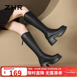 ZHR靴子女冬季韩版粗高跟长筒靴女加绒保暖骑士靴女 JF97A 黑色 35 
