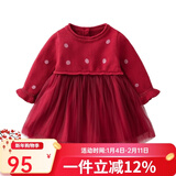 Auro Mesa春秋新年女童连衣裙长袖女宝宝抓周百天公主裙酒红礼服纱裙毛衣裙 酒红 90