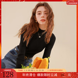 三彩冬款纯色坑条针织衫木耳边半高领修身打底内搭简约女 经典黑 L