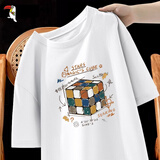 啄木鸟（TUCANO）短袖T恤男纯棉韩版潮流宽松大码透气打底衫青少年学生夏天休闲t恤 白数字魔方前 S （重90-100斤高155-160）