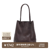 裘真新年礼物 008水桶包女斜挎通勤大容量真皮复古小众植鞣牛皮包包 咖啡色-大号