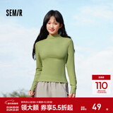 森马（Semir）长袖t恤女短款半高领薄绒轻暖打底衫2024冬新款纯色修身抓绒内搭 橄榄绿40874 L