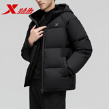 特步男士羽绒服冬季加绒加厚连帽保暖短款外套户外黑色户外防风男服装 正黑色 M /170