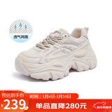 骆驼（CAMEL）老爹鞋女网布皮面拼接双系带厚底休闲鞋 L23S703108W 杏色透网 40