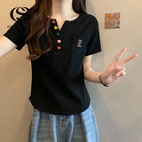 COMIC SOUL短袖t恤女设计感夏季2026新款女装修身显瘦休闲V领 黑色[螺纹亲肤面料] XL （115-130斤）