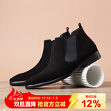 村哥牛皮切尔西男靴高帮皮鞋马丁靴男秋冬季加绒英伦反绒皮短靴 黑色 38