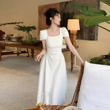 GARNUO白色短袖连衣裙子女夏季茶歇法式小个子高级感收腰显瘦小白裙长裙 白色【短袖长款】 S 【101-110斤】