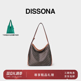 DISSONA【圣诞礼物】迪桑娜女包幸运锦囊hobo包老花包单肩手提包情侣通勤 棕色-小号（肩带可调节）