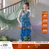 两三事度假超仙的裙子女夏季紫色油画艺术吊带海边连衣裙云雾睡莲 蓝色 M