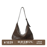 裘真【明星推荐】经典hobo包植鞣牛皮腋下通勤休闲饺子女包 咖啡色-大号 小包/大包