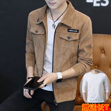 男府夹克男外套修身秋冬季新款灯芯绒上衣服男装加绒套装潮流休闲工装 棕色(单上衣)+白色T恤 L 修身款-偏小一码