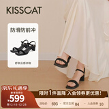 接吻猫KISSCAT【美洋同款】女鞋高跟凉鞋舒适简约方头粗跟一字带凉鞋 黑色 羊绒面 37