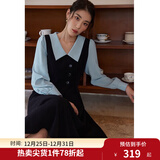 独束大码女装假两件撞色衬衫领连衣裙女秋冬微胖mm文艺复古穿搭裙子 墨染黑【适合165左右】 XL