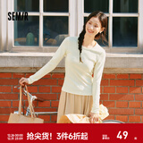 森马（Semir）长袖T恤女春季正肩紧身圆领打底衫女士显瘦基础款百搭套头衫 奶白10501 L