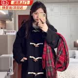 妙奕嘉牛角扣毛呢大衣女士外套呢子黑色大衣中长款小个子女装秋冬季新款 牛角扣连帽呢子大衣【黑色】 M 【建议90-105斤】