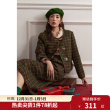 独束大码女装复古格纹小香风套装女冬季微胖mm毛呢外套A字半身裙 外套 XL
