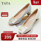 他她女鞋粗跟单鞋真皮方头休闲鞋高跟浅口鞋子7YO01AQ4 白色 36