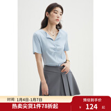 独束大码女装设计感简洁抽褶翻领短袖t恤女夏季新款微胖mm上衣潮 天空蓝 2XL (尺码：4)