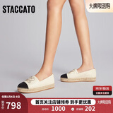 思加图渔夫鞋一脚蹬平底懒人鞋银色大麦鞋女单鞋EDT12AA5 米白/黑 38