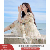 香影（xiangying）碎花连衣裙女2025年夏季新款系带木耳边仙气海边飘逸宽松裙子 米色 L