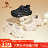 骆驼（CAMEL）老爹鞋女网布皮面拼接双系带厚底休闲鞋 L24S283079R 杏色绒里 36